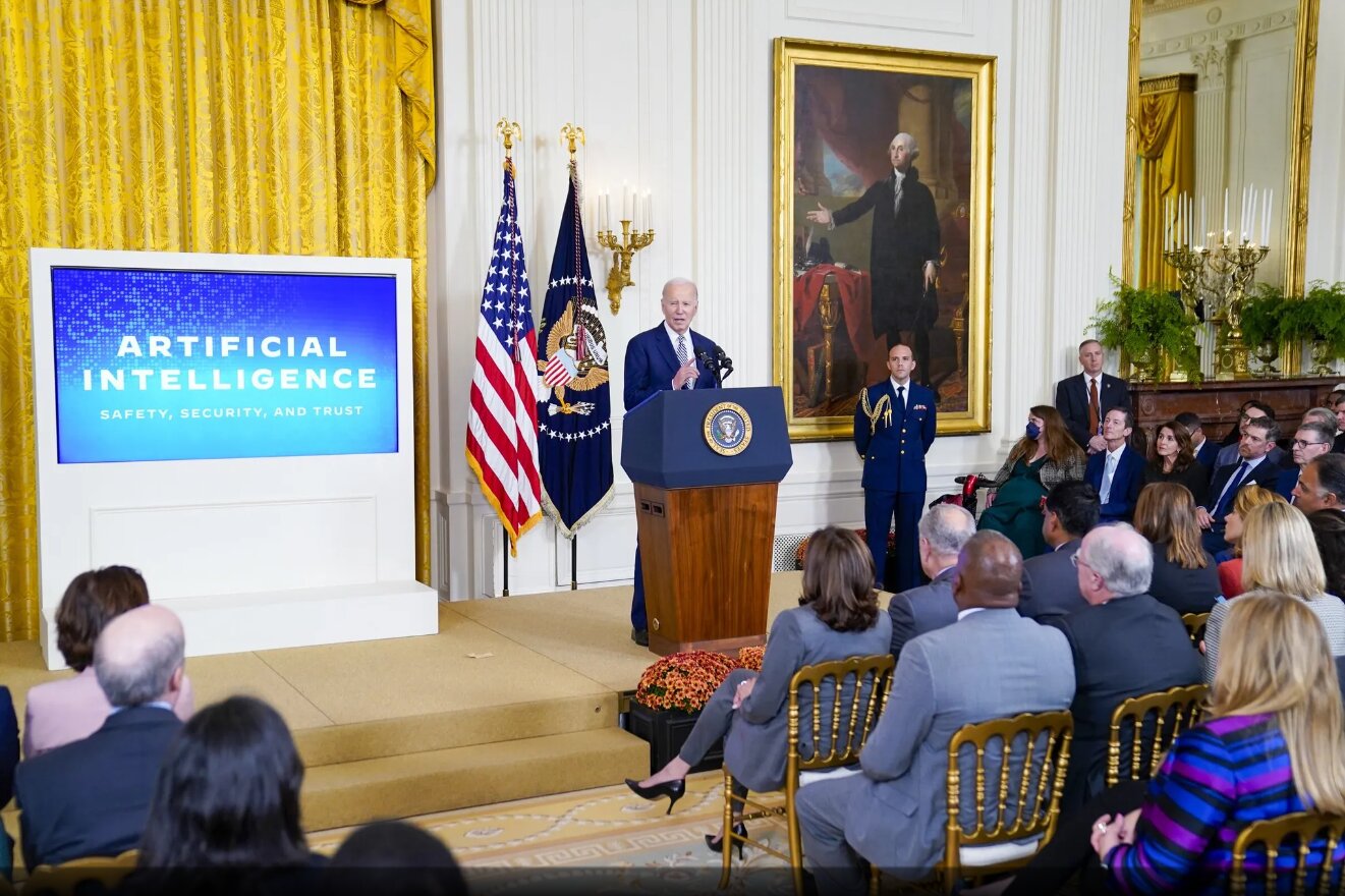 President Joe Biden delivers remarks about government regulations on artificial intelligence systems during an event in the East Room of the White House, Oct. 30, 2023, in Washington. (Evan Vucci / AP)